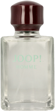 Męski perfumowany dezodorant Joop! Homme, w przeźroczystej butelce z bordową nakrętką i zielonym napisem.