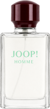 Flakon Joop! Homme dezodorantu w sprayu z jasnym płynem i ciemnobordową nakrętką, widok z przodu.