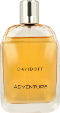 Davidoff Adventure, męska woda toaletowa w szklanej butelce z bursztynowym płynem i srebrnym korkiem, widok z przodu.