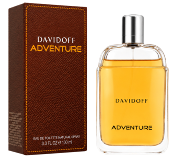 Davidoff Adventure męska woda toaletowa drzewno-przyprawowa. Butelka 100 ml i brązowe pudełko, widok z przodu.