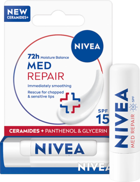 NIVEA Med Repair pomadka ochronna SPF 15 z ceramidami, białe opakowanie i sztyft na czarnym tle.