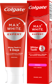 Czerwono-biała tuba i pudełko pasty Colgate Max White Expert z napisem 'Whiter Teeth in 5 Days', widok z przodu.