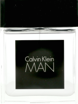Drzewno-przyprawowa woda toaletowa Calvin Klein MAN. Przezroczysta butelka z czarną etykietą, widok z przodu.