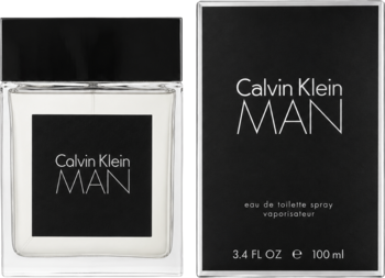 Calvin Klein MAN drzewno-przyprawowa woda toaletowa. Szklana butelka i czarne pudełko z napisem, przód.