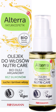 Alterra Olejek do włosów NUTRI CARE bio arganowy, bez silikonów, na włosy suche. Widok na butelkę i białe pudełko.