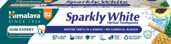 Himalaya Sparkly White pasta wybielająca, biało-turkusowe opakowanie, przód, widoczne Gum Expert.
