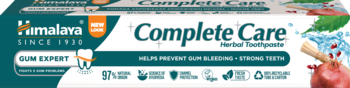 Himalaya Complete Care Herbal Toothpaste, white and teal tube, front view with 'Gum Expert' label and natural ingredient visuals.
