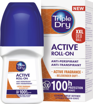 Triple Dry Active roll-on i opakowanie, białe z niebieską nakrętką, pomarańczowymi akcentami, widoczne 100h ochrony.
