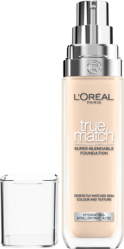 L'Oréal Paris True Match nawilżający podkład z kwasem hialuronowym, butelka z pompką, przezroczysta nakrętka.