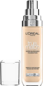 Jasny podkład L'Oréal True Match z kwasem hialuronowym w szklanej butelce z pompką, z boku widoczna otwarta nakrętka.
