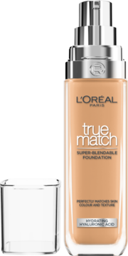 Jasnobeżowy podkład L'Oréal True Match z kwasem hialuronowym, szklana butelka z pompką, obok nakrętka.