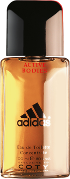 Męska woda toaletowa Adidas Active Bodies 100ml w bursztynowej butelce z czarną nakrętką, widok z przodu.