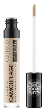 Korektor Catrice Liquid Camouflage 020 Light Beige, tuba z aplikatorem. Wodoodporny, trzyma 12h. Widok z przodu.