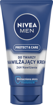 Niebieska tuba kremu NIVEA MEN Protect & Care Nawilżający Krem do twarzy z prowitaminą B5, widok z przodu.