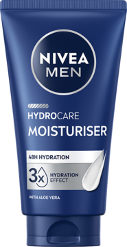 Niebieska tuba NIVEA MEN Hydro Care Moisturiser z białymi napisami, krem nawilżający dla mężczyzn z aloesem.