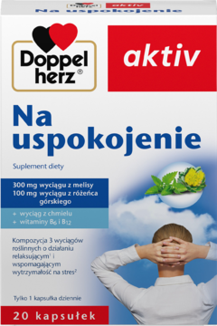 Białe pudełko suplementu Doppelherz aktiv Na uspokojenie, z melisą i chmielem, 20 kapsułek, widok z przodu.