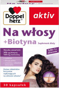 Doppelherz aktiv Na włosy + Biotyna, suplement diety dla zdrowych włosów, białe pudełko, widok z przodu.