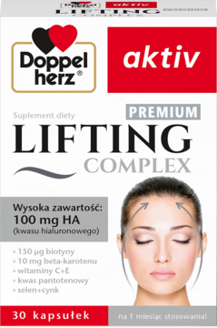 Biało-czerwone pudełko Doppelherz aktiv Premium Lifting Complex, 30 kapsułek z 100 mg HA, widok z przodu.