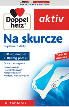 Doppelherz aktiv Na skurcze suplement diety. Białe opakowanie, przód, grafika nóg, magnez i potas.