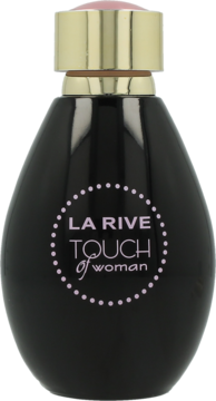 Czarna, lśniąca butelka La Rive Touch of Woman, perfum o kwiatowym zapachu, ze złotą nakrętką.