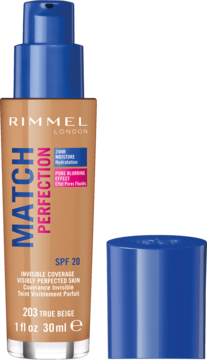 Nawilżający podkład Rimmel Match Perfection True Beige SPF 20 z pompką i niebieską nakrętką obok.