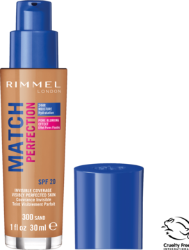 Rimmel Match Perfection podkład 300 Sand z pompką i niebieską nakrętką na ciemnym tle, widok z przodu.