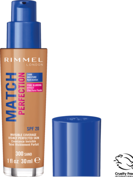 Rimmel Match Perfection podkład 300 Sand z pompką i niebieską nakrętką na ciemnym tle, widok z przodu.
