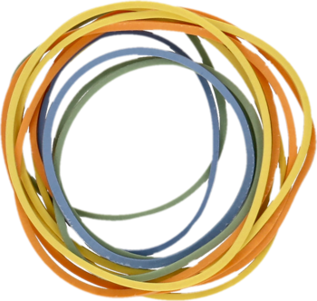 Kolorowe, cienkie gumki recepturki, ułożone luźno w okrąg, widoczne odcienie żółtego, pomarańczu i szarości.
