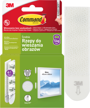 3M Command Rzepy do wieszania obrazów, średnie, 5kg, opakowanie zielono-czerwone i biały rzep. Widok z przodu.
