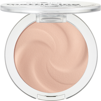 Otwarty, biały kompaktowy puder matujący Essence Pastel Beige, z beżowym pudrem o wzorze spirali, widok z góry.