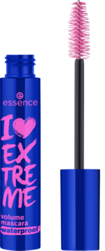 Essence I Love Extreme Volume tusz do rzęs wodoodporny, niebieska tuba z różowym napisem, otwarta z wysuniętą szczoteczką.