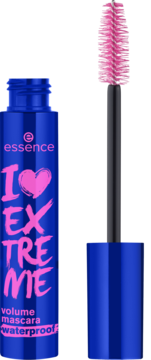 Essence I Love Extreme Volume tusz do rzęs wodoodporny, niebieska tuba z różowym napisem, otwarta z wysuniętą szczoteczką.