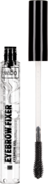 Przezroczysty żel do brwi WIBO Eyebrow Fixer, otwarty, z czarną nakrętką i silikonowym aplikatorem.