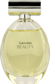 Calvin Klein Beauty kwiatowa woda perfumowana w owalnej butelce z żółtym płynem i srebrnym korkiem, przód.