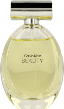 Calvin Klein Beauty kwiatowa woda perfumowana w owalnej butelce z żółtym płynem i srebrnym korkiem, przód.