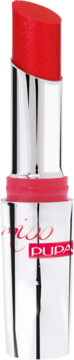 Intensywnie czerwona pomadka Pupa w srebrnej, otwartej tubce, ze ściętym sztyftem. Widok z przodu.