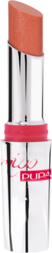 Pomadka Pupa w srebrnej tubce, koralowa, Źelowa o półprzezroczystym, kryształowym blasku, widok z przodu.