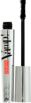 Pupa Vamp! mascara w srebrnej tubie, czarna szczoteczka wyciągnięta, dla efektu sztucznych rzęs.