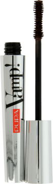 Pupa Vamp! Mascara dla ekstremalnej objętości rzęs. Srebrna tubka otwarta, obok ciemna szczoteczka.