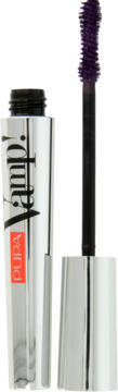 PUPA Vamp! tusz do rzęs w otwartym, srebrnym opakowaniu, z purpurową szczoteczką spiralną, widok z przodu.