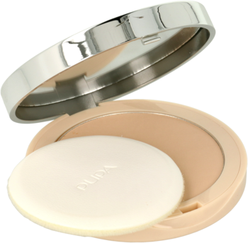 Puder Pupa Like a Doll w otwartej, okrągłej puderniczce, z beżowym pudrem, lusterkiem i gąbeczką.