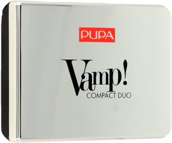 Srebrne podwójne cienie do powiek Pupa Vamp! Compact Duo, z widocznym czerwonym logo i nazwą.