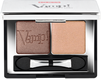 Podwójne cienie Pupa Vamp! Duo 004 Bronze Amber, brązowo-złote odcienie w otwartej paletce z aplikatorem.