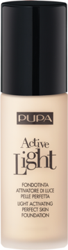 Podkład Pupa Active Light, beżowa butelka z czarną nakrętką, widok z przodu. Opisuje 'aktywujący światło'.