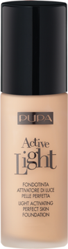Beżowy podkład PUPA Active Light do cery perfekcyjnej, w szklanej butelce z czarną nakrętką, widok z przodu.