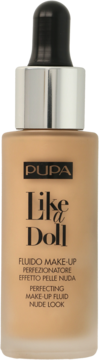Podkład PUPA Like a Doll w beżowej butelce, perfekcyjny fluid do makijażu, widok z przodu.