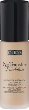 PUPA No Transfer Foundation, matujący podkład do twarzy w beżowej butelce z czarną nakrętką, widok z przodu.