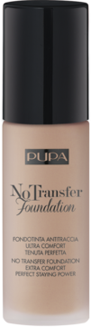 PUPA No Transfer Foundation, matujący podkład do twarzy w beżowej butelce z czarną zakrętką, widok z przodu.
