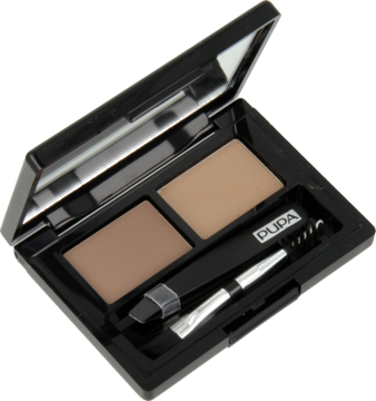 Otwarty zestaw do brwi Pupa w czarnym etui, z dwoma odcieniami cienia i wosku oraz podwójnym aplikatorem.