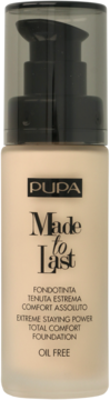 PUPA Made to Last, beztłuszczowy podkład w beżowej szklanej butelce z czarną pompką, widok z przodu.